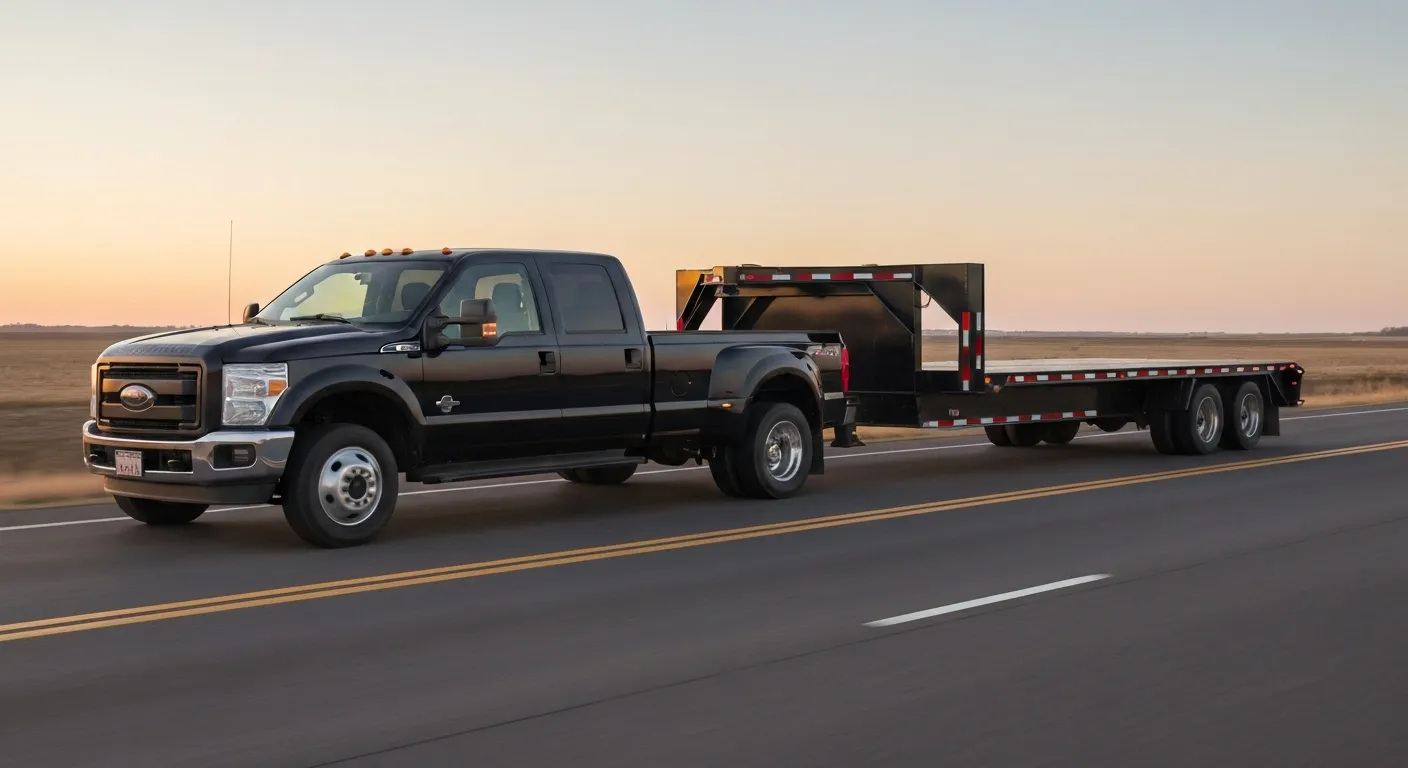 Ford F-350 dually with 30ft gooseneck flatbed trailer at sunset